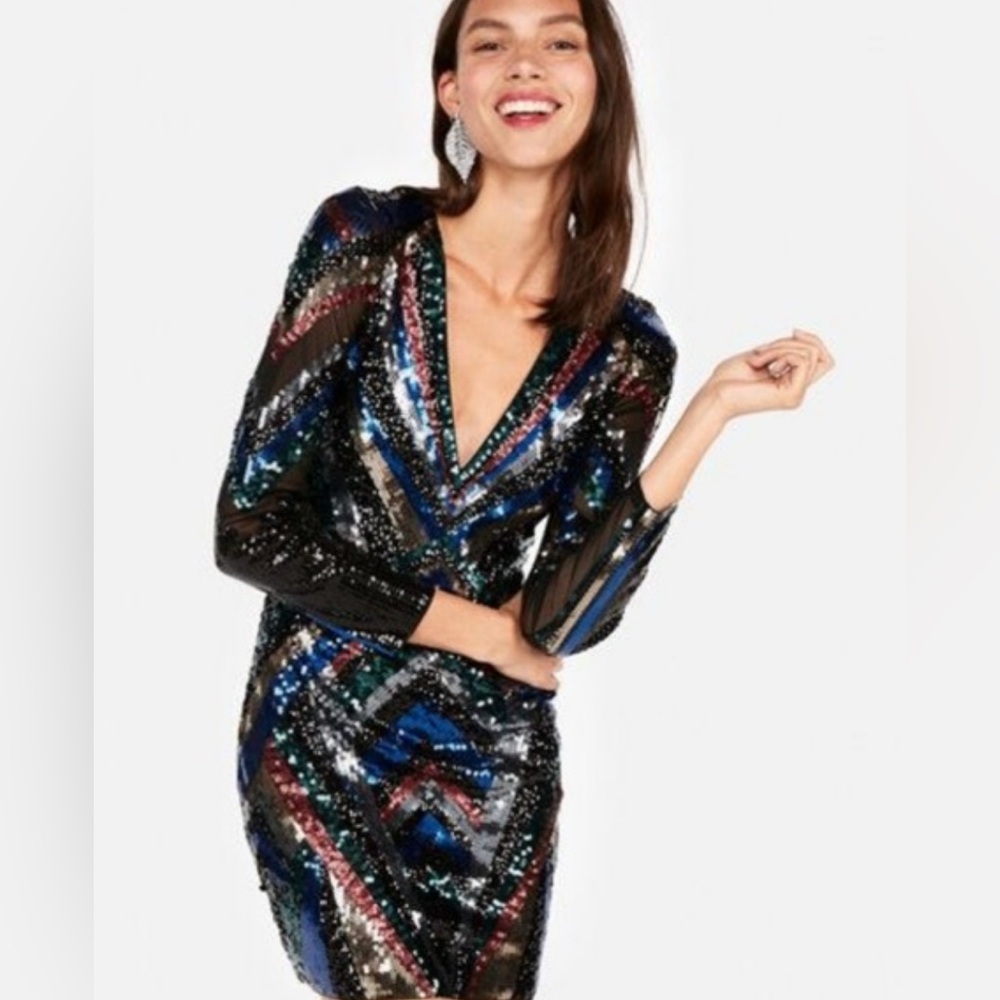 Express Multicolor Sequin Long Sleeve Dress